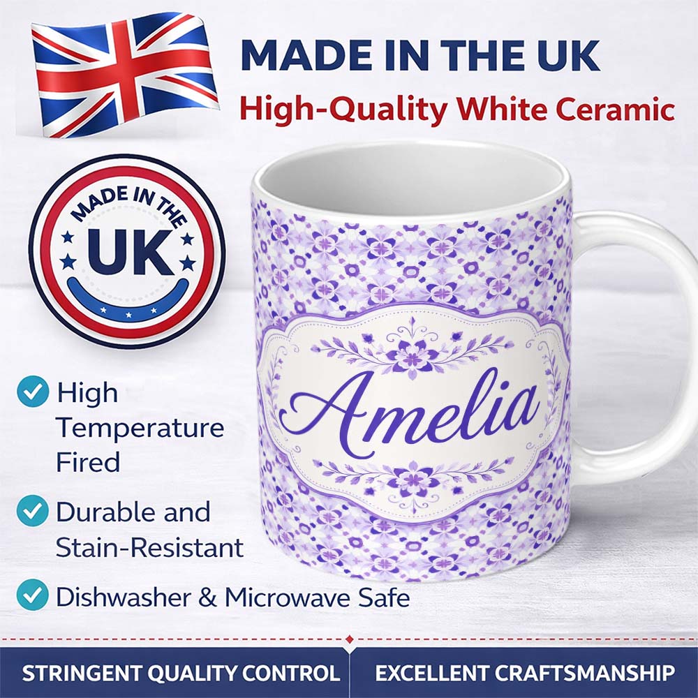 Personalized Custom Name Purple Geometric Floral Motif Seamless Pattern Abstract Botanical 11oz Ceramic Coffee Tea Mug White Large Handle