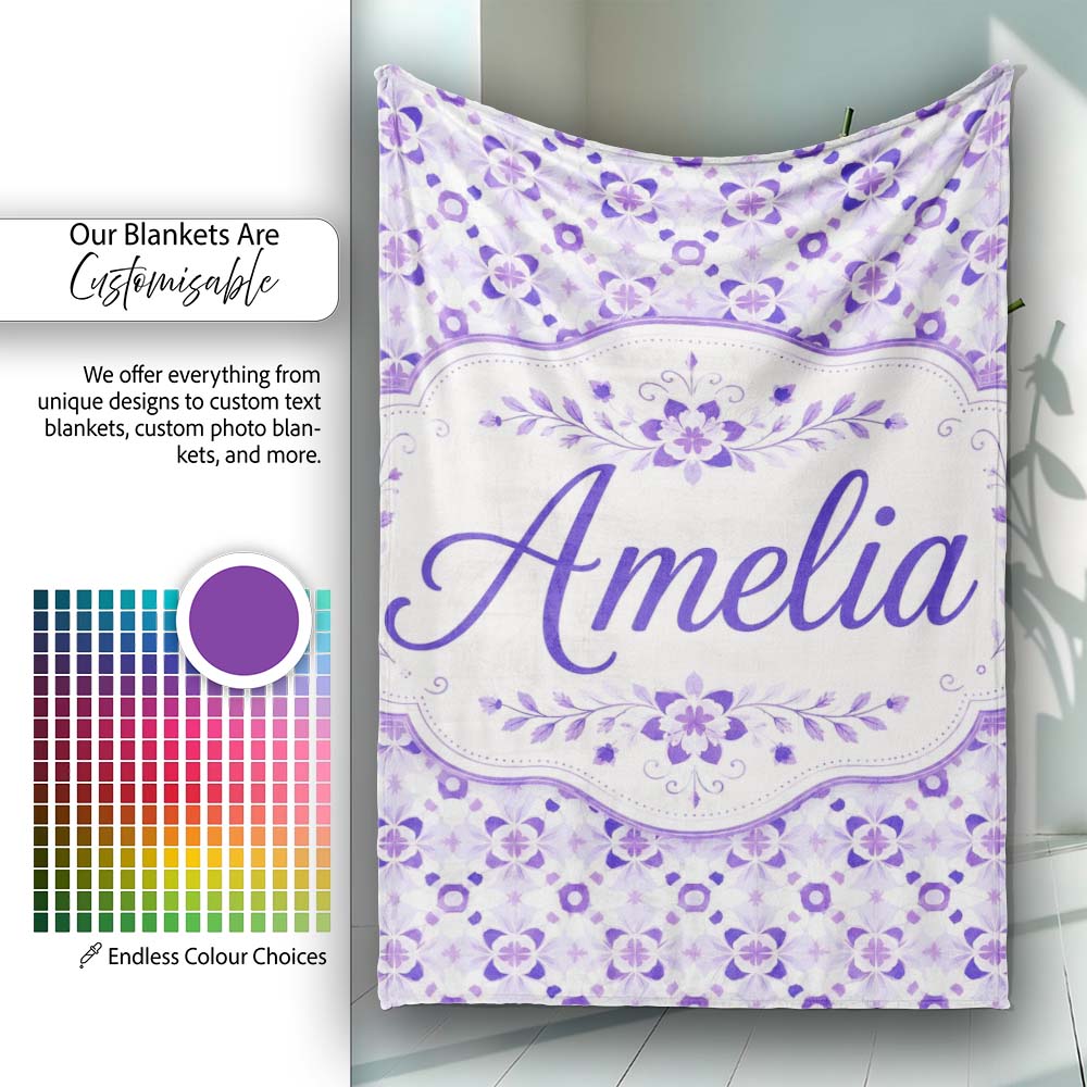 Purple Geometric Floral Motif Seamless Pattern Abstract Botanical Personalised Custom Name Super Soft Fleece Blanket Bed Sofa Throw