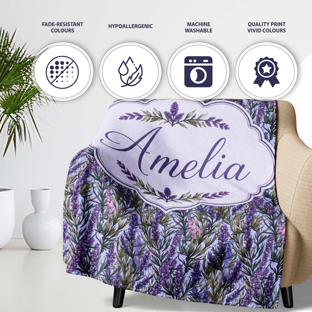 Detailed Lavender Botanical Garden Seamless Pattern Elegant Floral Personalised Custom Name Super Soft Fleece Blanket Bed Sofa Throw