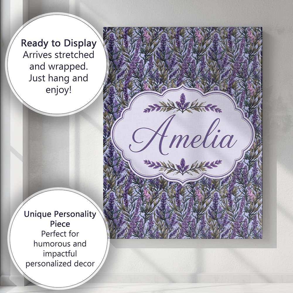 Personalised Name Detailed Lavender Botanical Custom Unique Gift Idea Modern Room Accent Canvas Wall Art Print Decor Picture Ready to Hang