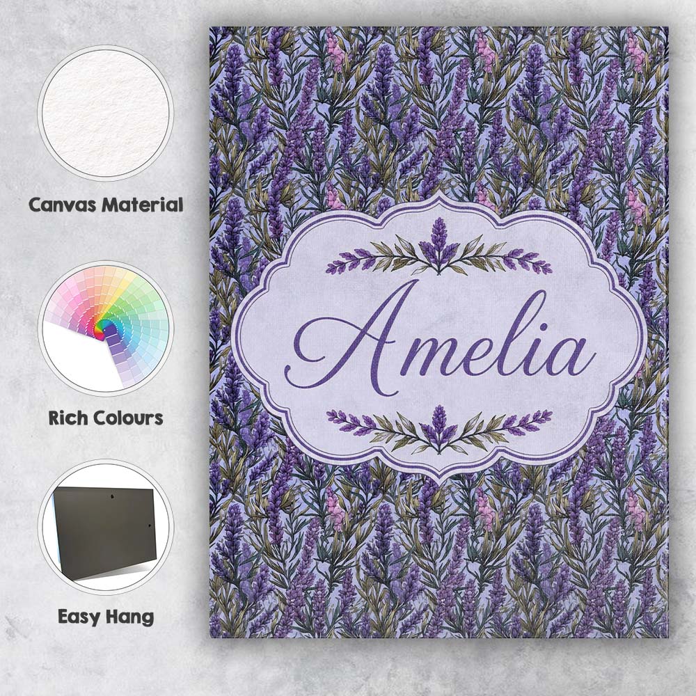 Personalised Name Detailed Lavender Botanical Custom Unique Gift Idea Modern Room Accent Canvas Wall Art Print Decor Picture Ready to Hang