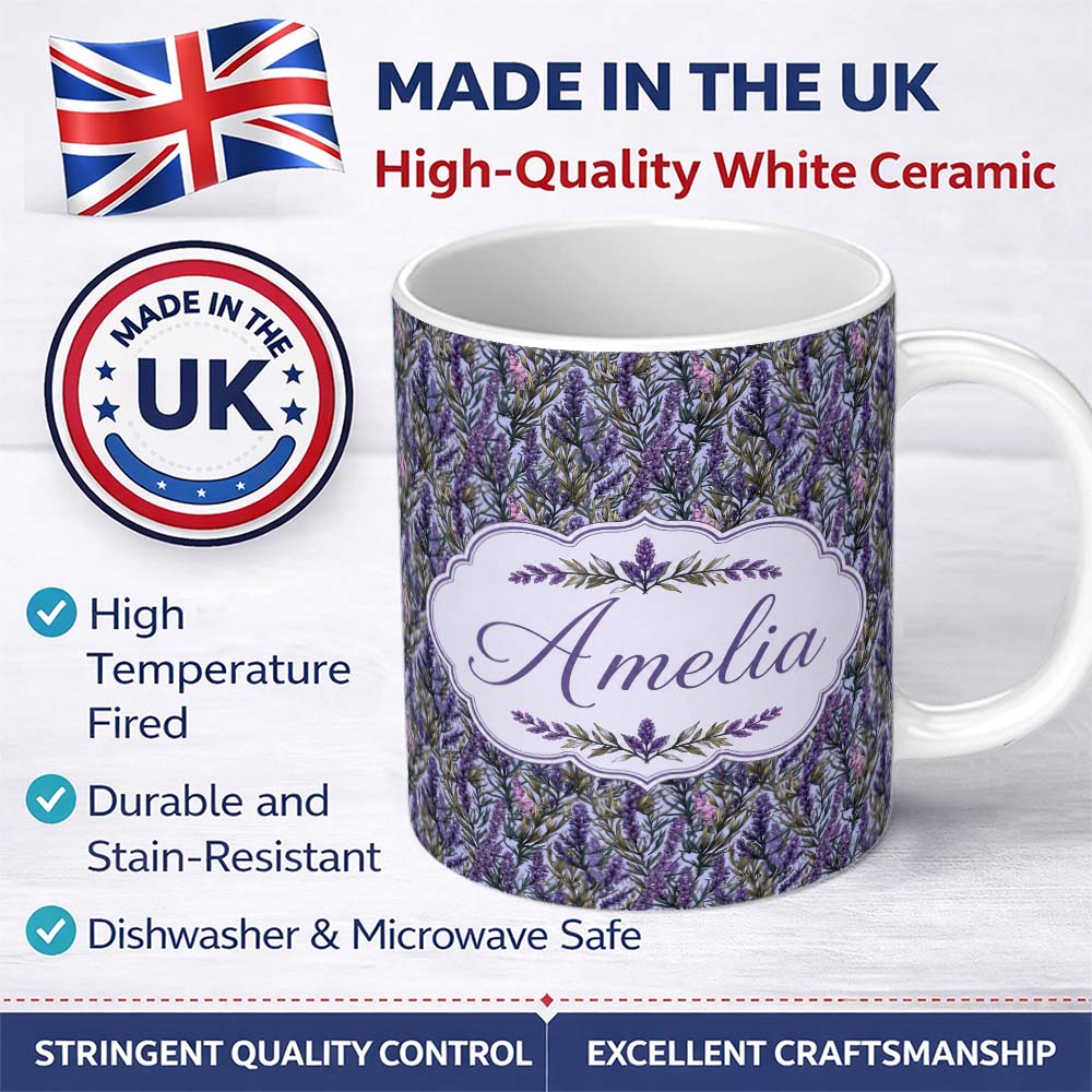 Personalized Custom Name Detailed Lavender Botanical Garden Seamless Pattern Elegant Floral 11oz Ceramic Coffee Tea Mug White Large Handle