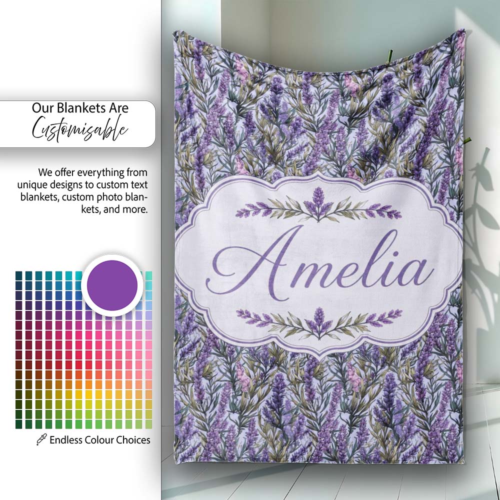 Detailed Lavender Botanical Garden Seamless Pattern Elegant Floral Personalised Custom Name Super Soft Fleece Blanket Bed Sofa Throw