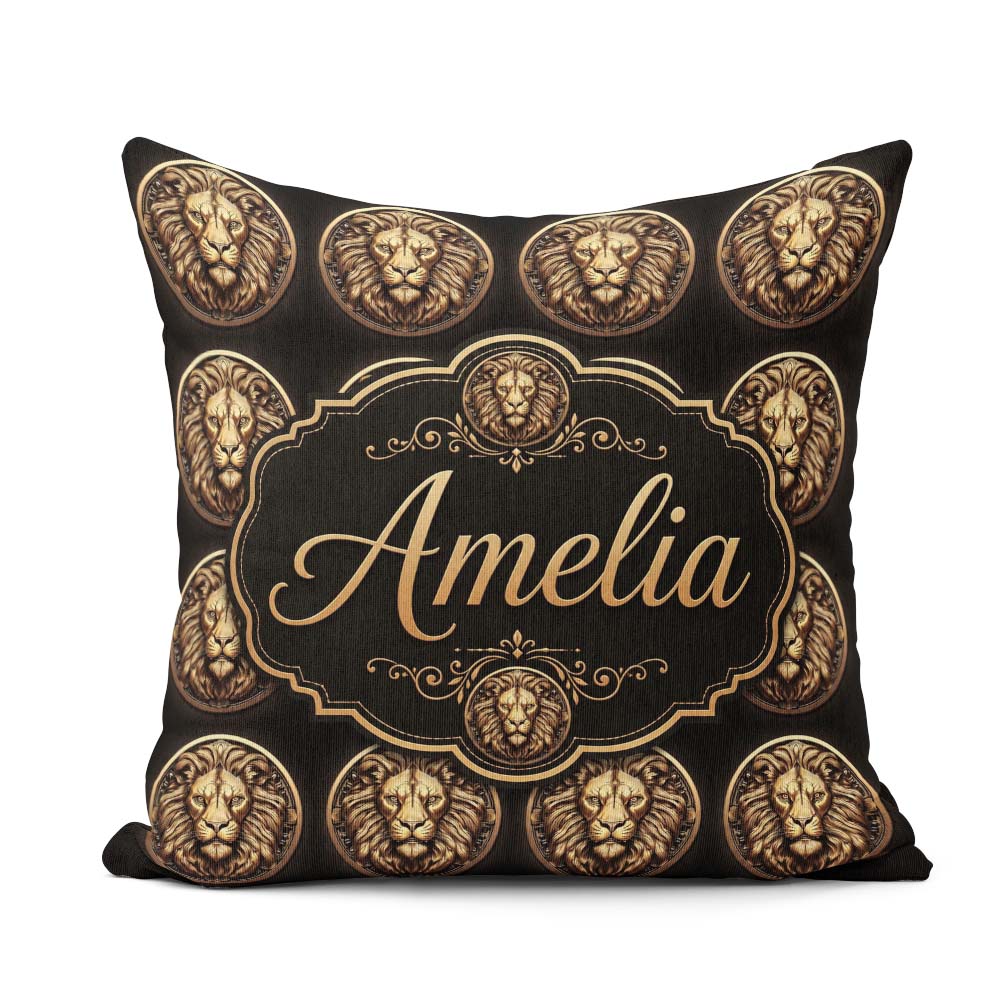 Custom Name Golden Lion Head Medallion on Black Seamless Pattern Square Filled Cushion Throw Pillow Sofa Bed Home Decor Zip Washable UK Made