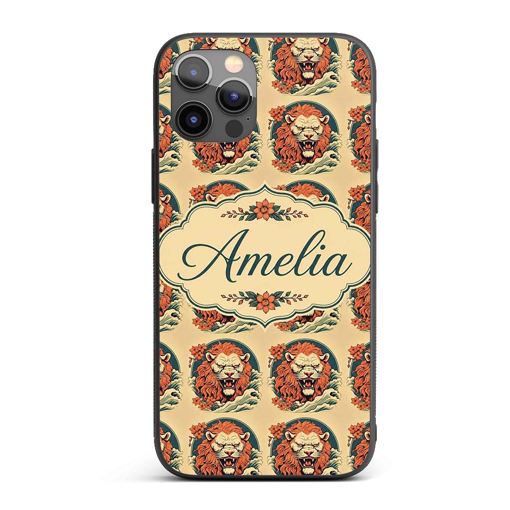 Roaring Lion with Waves and Floral Printed Design Custom Name Protective Phone Case Mobile Cover Durable Everyday Smartphone Shock Resistant