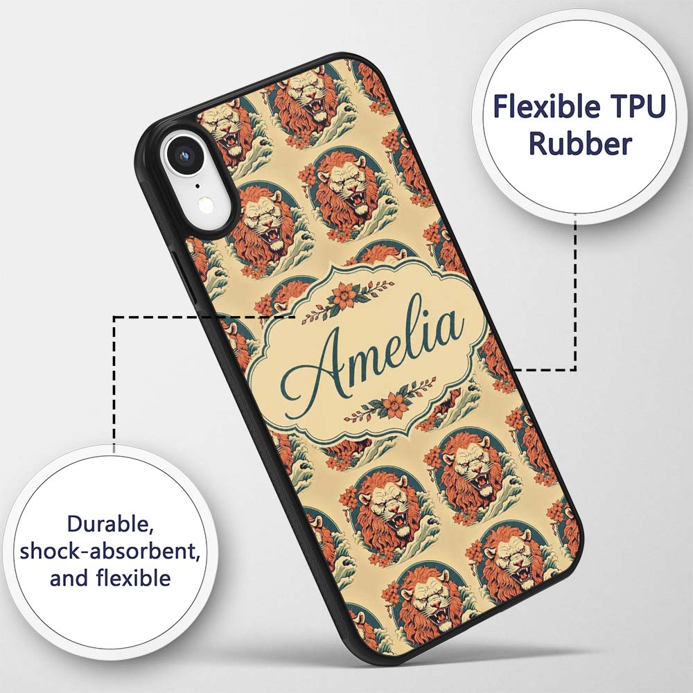 Roaring Lion with Waves and Floral Printed Design Custom Name Protective Phone Case Mobile Cover Durable Everyday Smartphone Shock Resistant