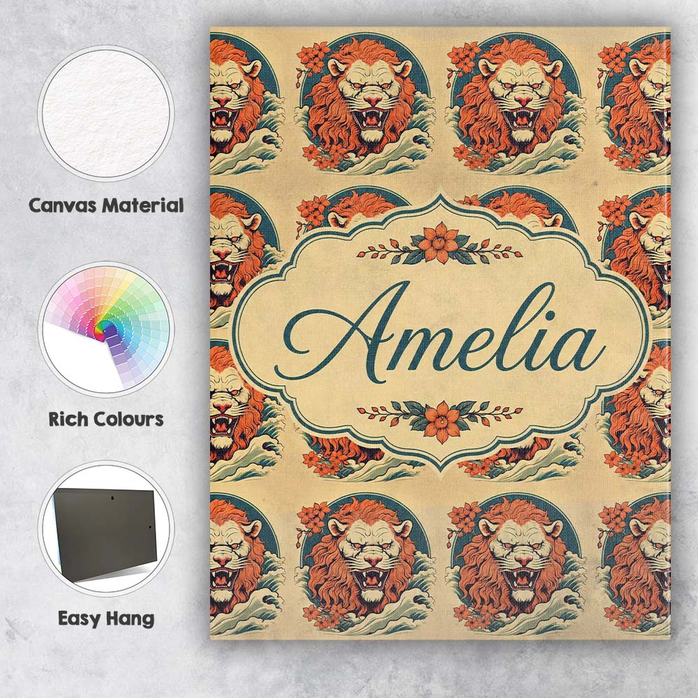 Personalised Name Roaring Lion with Waves Custom Unique Gift Idea Elegant Feature Canvas Wall Art Print Decor Picture Ready to Hang