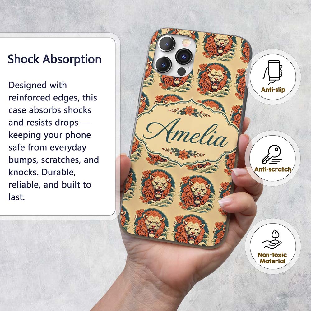 Roaring Lion with Waves and Floral Printed Design Custom Name Protective Phone Case Mobile Cover Durable Everyday Smartphone Shock Resistant
