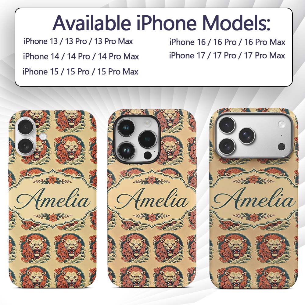 Roaring Lion with Waves and Floral Printed Design Custom Name Protective Phone Case Mobile Cover Durable Everyday Smartphone Shock Resistant