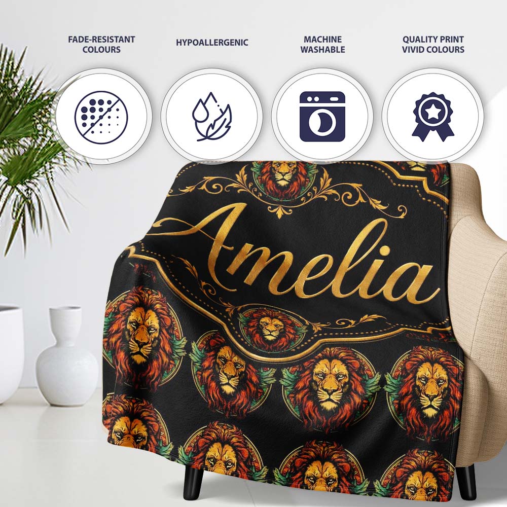 Majestic Lion Crest with Wings on Dark Background Seamless Pattern Personalised Custom Name Super Soft Fleece Blanket Bed Sofa Throw