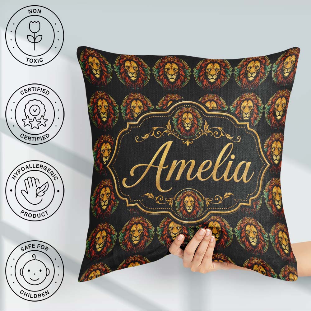 Custom Name Majestic Lion Crest with on Dark Background Seamless Square Filled Cushion Throw Pillow Sofa Bed Home Decor Zip Washable UK Made