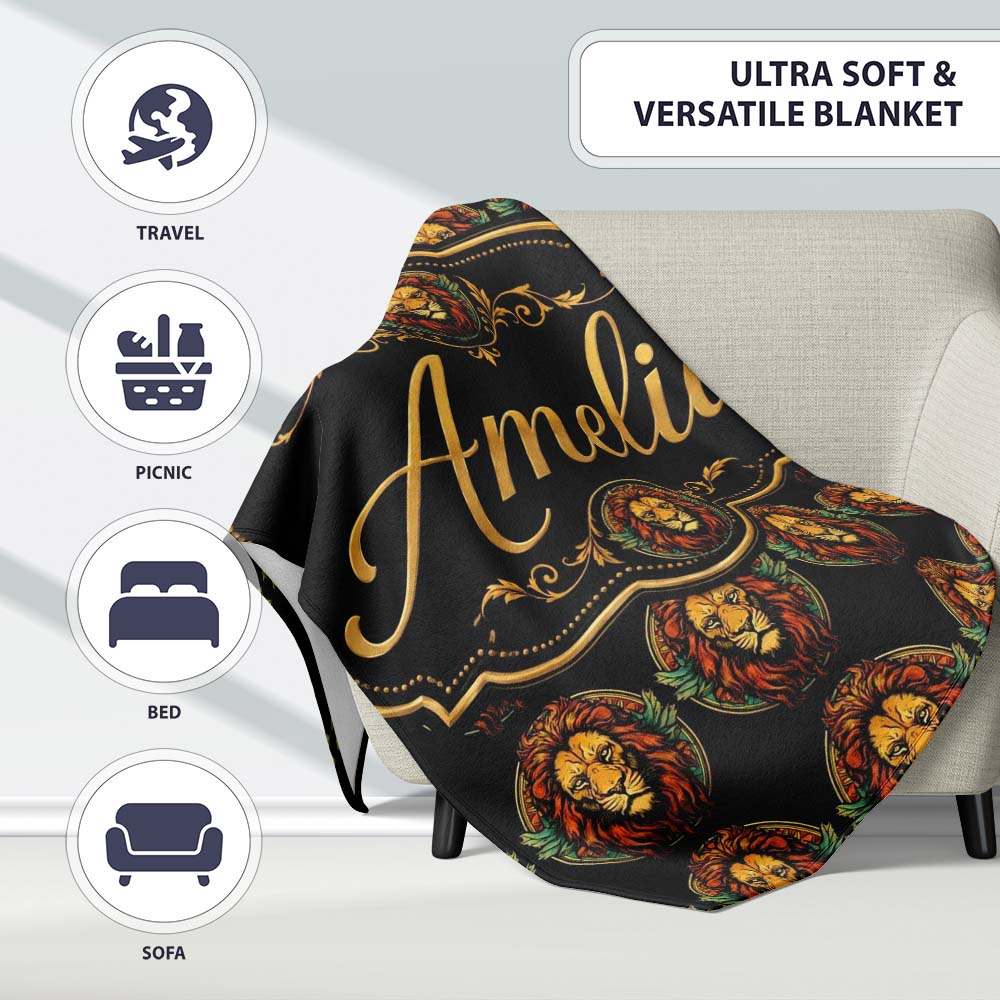 Majestic Lion Crest with Wings on Dark Background Seamless Pattern Personalised Custom Name Super Soft Fleece Blanket Bed Sofa Throw