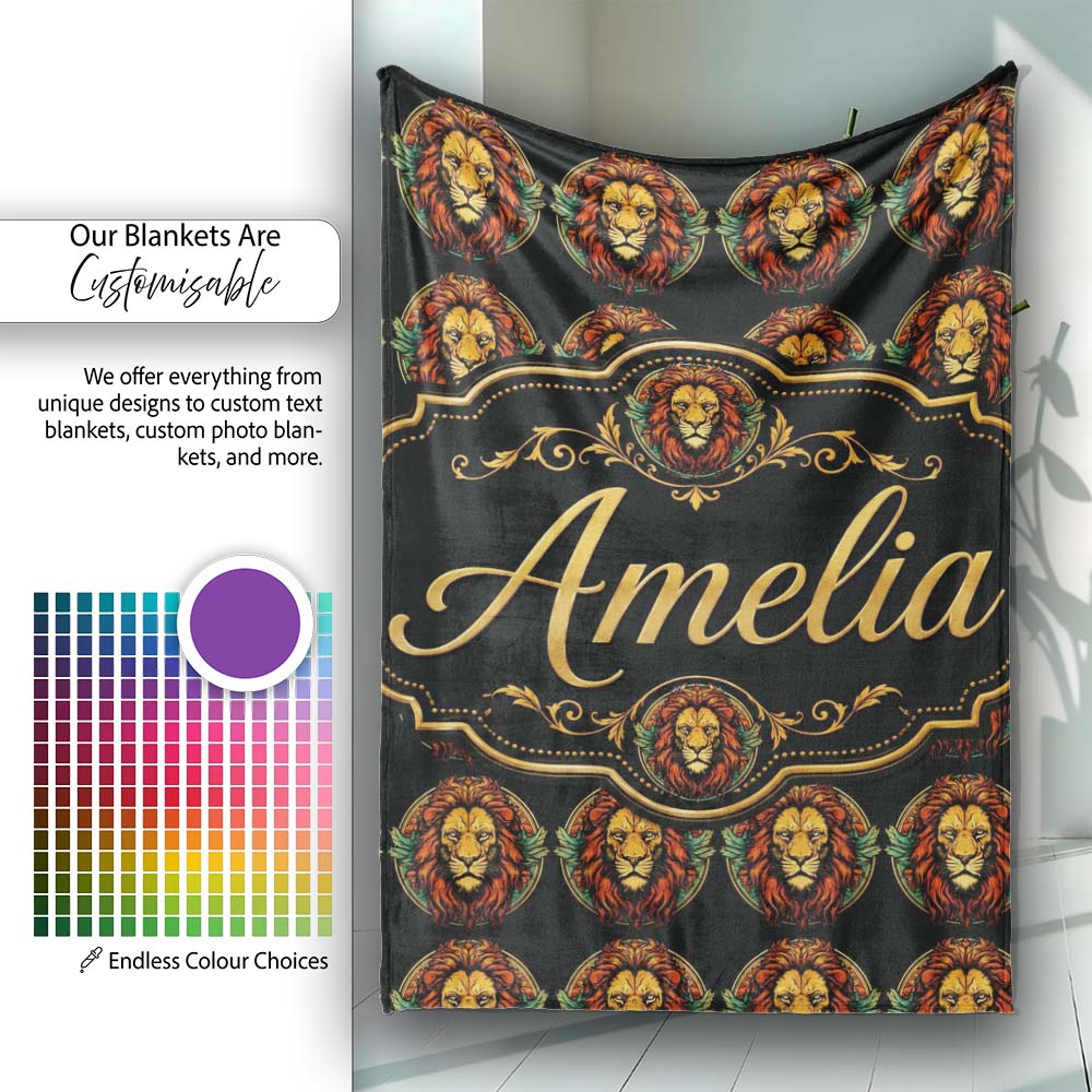 Majestic Lion Crest with Wings on Dark Background Seamless Pattern Personalised Custom Name Super Soft Fleece Blanket Bed Sofa Throw