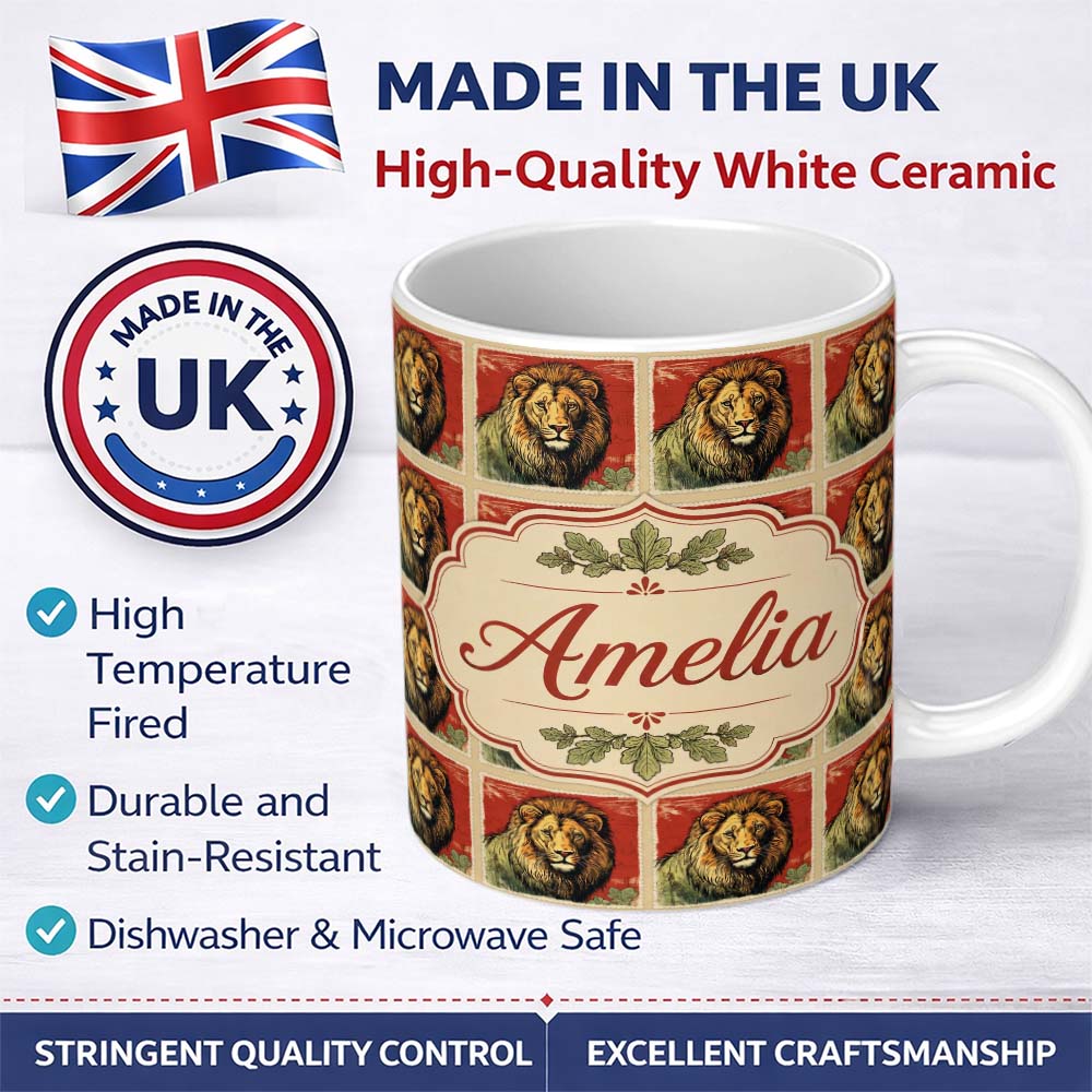 Personalized Custom Name Vintage Lion Portrait Stamp Style Seamless Pattern Name Cute Unique 11oz Ceramic Coffee Tea Mug White Large Handle