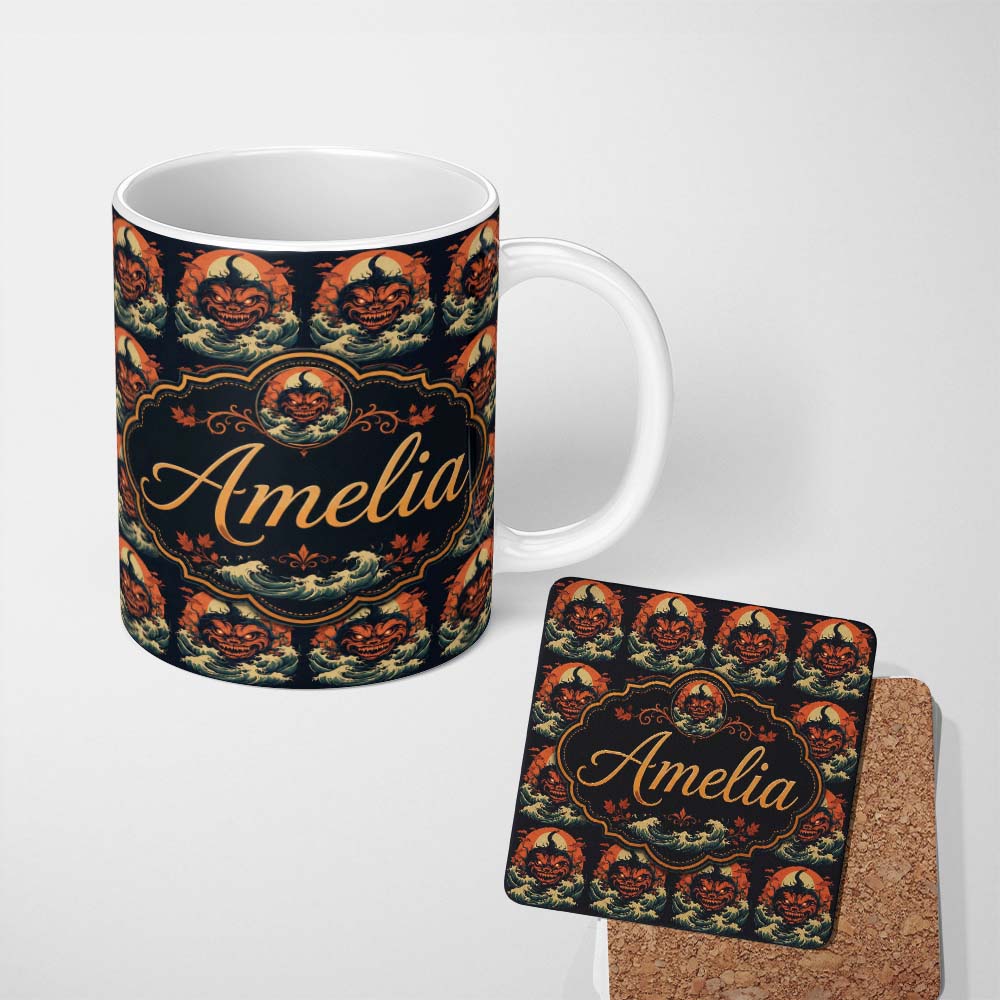 Personalized Custom Name Dark Halloween Pumpkin Demon Face Seamless Pattern Spooky Design 11oz Ceramic Coffee Tea Mug White Large Handle