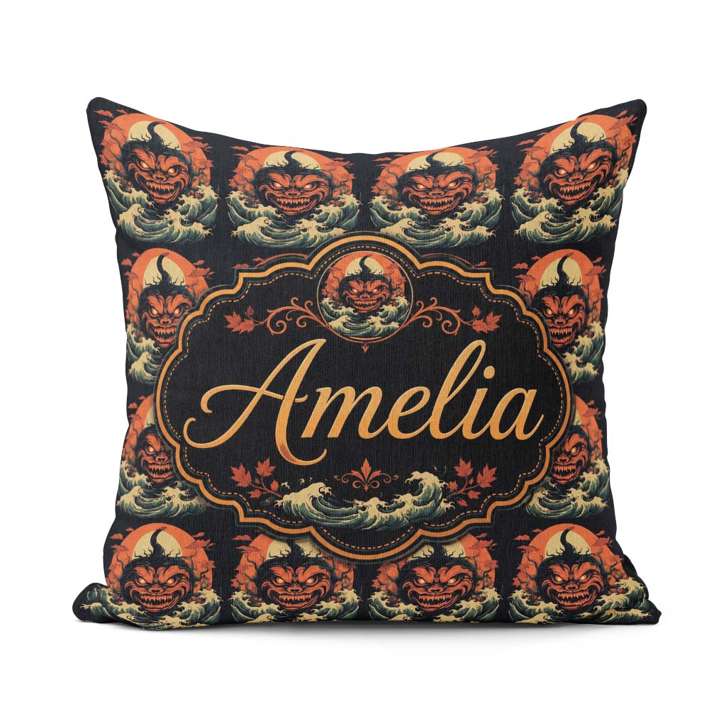 Custom Name Dark Halloween Pumpkin Demon Seamless Pattern Spooky Square Filled Cushion Throw Pillow Sofa Bed Home Decor Zip Washable UK Made
