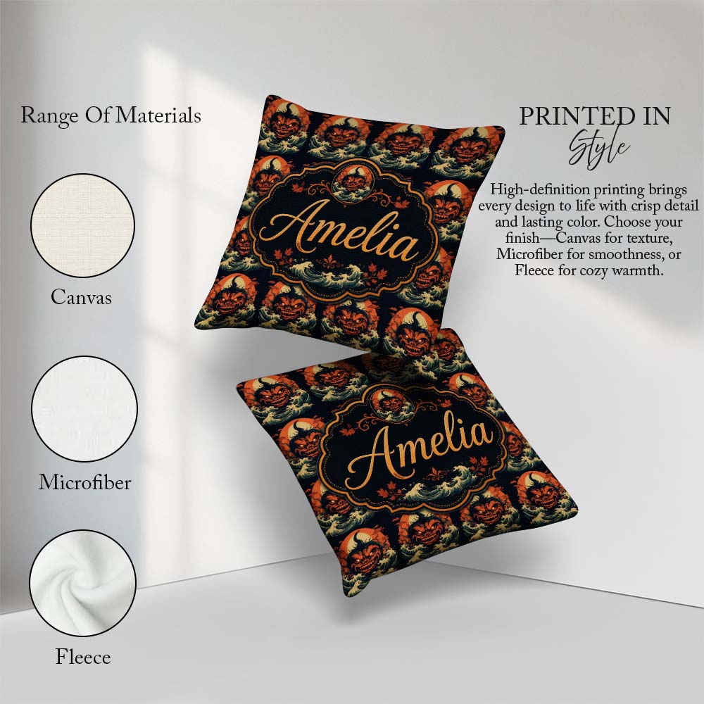 Custom Name Dark Halloween Pumpkin Demon Seamless Pattern Spooky Square Filled Cushion Throw Pillow Sofa Bed Home Decor Zip Washable UK Made