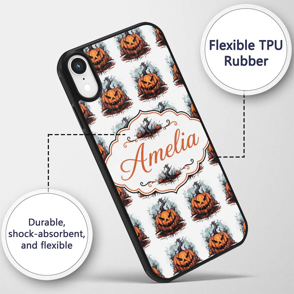 Scary Jack O Lantern Pumpkin Decorative Design Custom Name Protective Phone Case Mobile Cover Durable Everyday Smartphone Shock Resistant