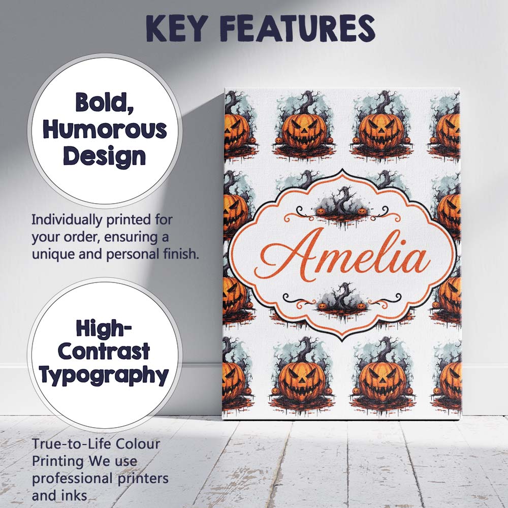 Personalised Name Scary Jack O Lantern Custom Modern Room Accent Elegant Feature Canvas Wall Art Print Decor Picture Ready to Hang