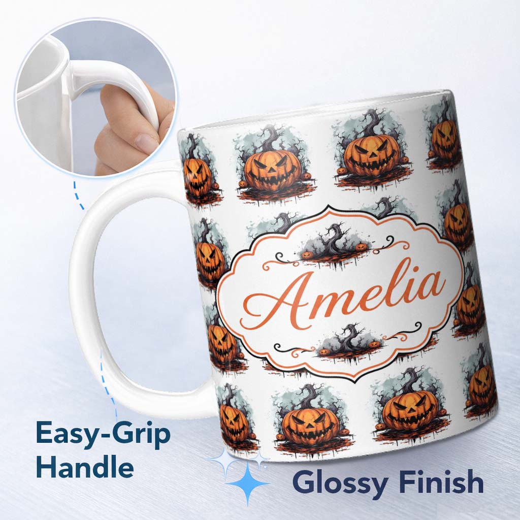 Personalized Custom Name Scary Jack O Lantern Pumpkin Illustration Seamless Pattern 11oz Ceramic Coffee Tea Mug White Large Handle