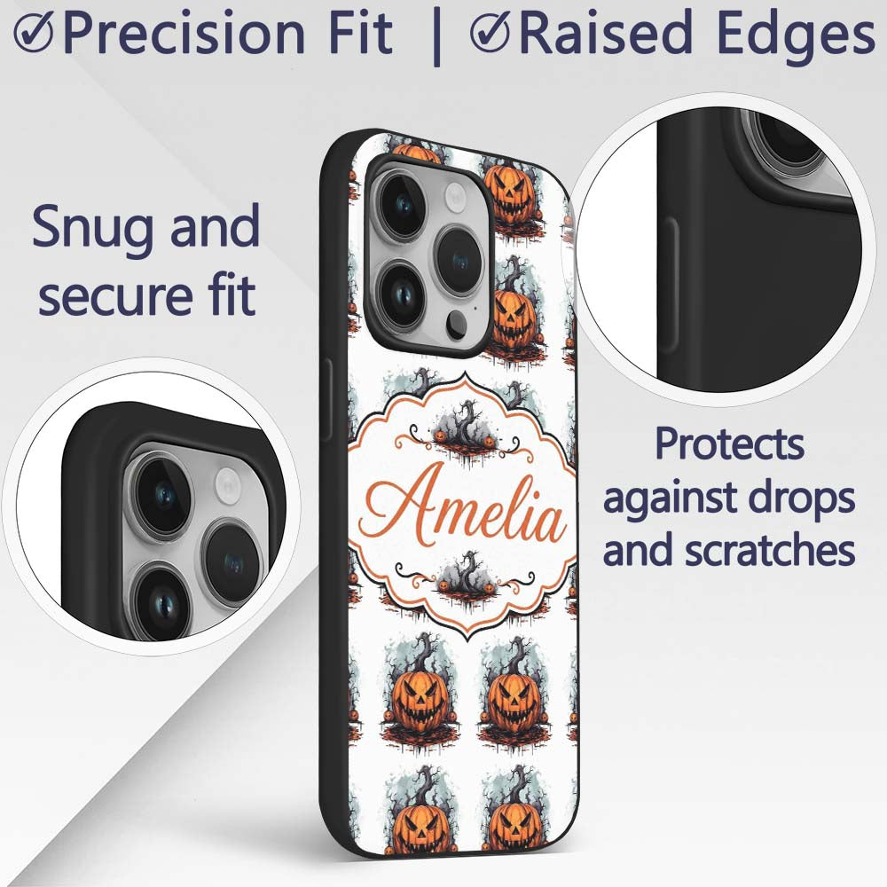 Scary Jack O Lantern Pumpkin Decorative Design Custom Name Protective Phone Case Mobile Cover Durable Everyday Smartphone Shock Resistant