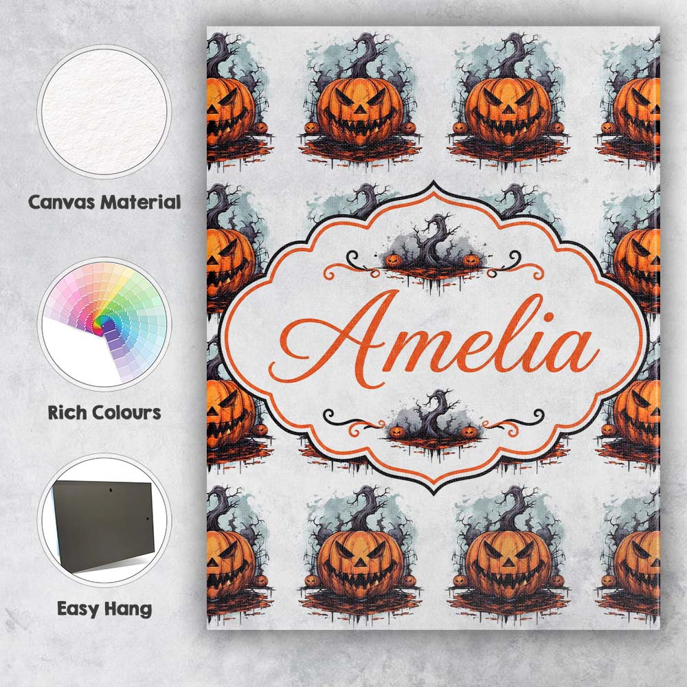 Personalised Name Scary Jack O Lantern Custom Modern Room Accent Elegant Feature Canvas Wall Art Print Decor Picture Ready to Hang