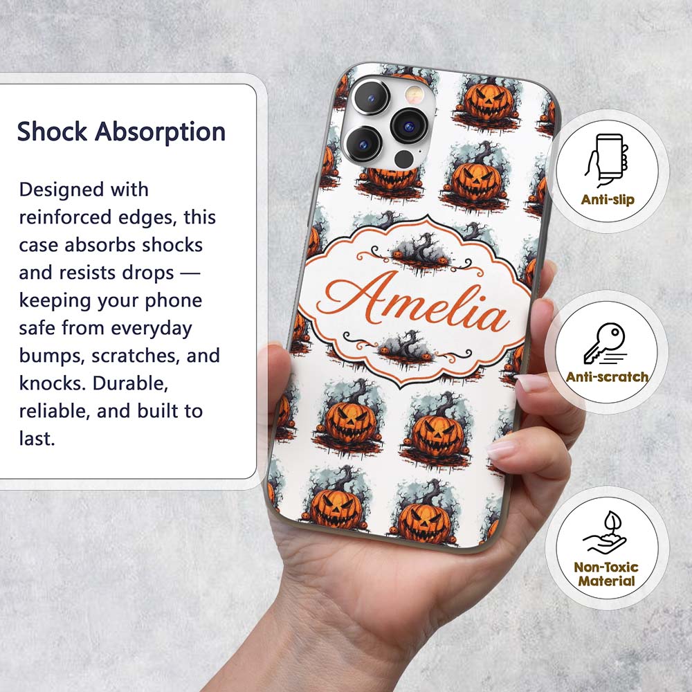 Scary Jack O Lantern Pumpkin Decorative Design Custom Name Protective Phone Case Mobile Cover Durable Everyday Smartphone Shock Resistant
