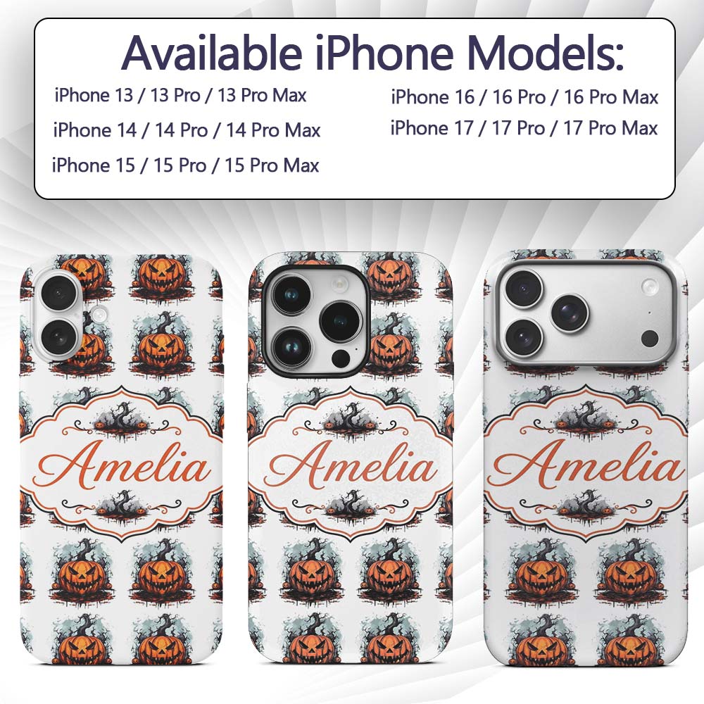 Scary Jack O Lantern Pumpkin Decorative Design Custom Name Protective Phone Case Mobile Cover Durable Everyday Smartphone Shock Resistant
