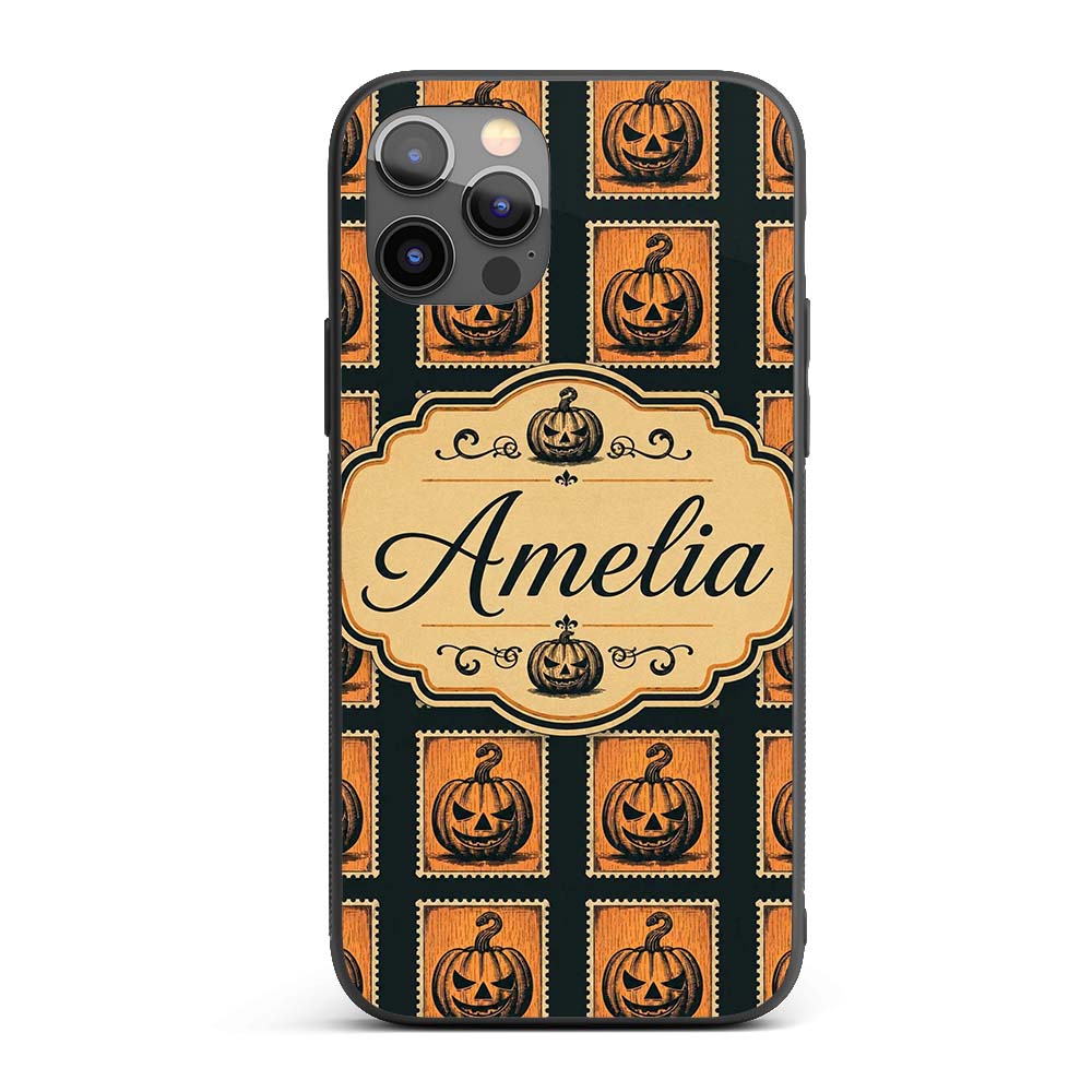Vintage Pumpkin Stamp Design Seamless Pattern Custom Name Protective Phone Case Mobile Cover Durable Everyday Smartphone Shock Resistant