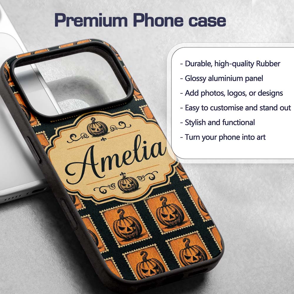 Vintage Pumpkin Stamp Design Seamless Pattern Custom Name Protective Phone Case Mobile Cover Durable Everyday Smartphone Shock Resistant