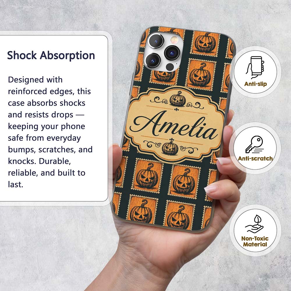 Vintage Pumpkin Stamp Design Seamless Pattern Custom Name Protective Phone Case Mobile Cover Durable Everyday Smartphone Shock Resistant
