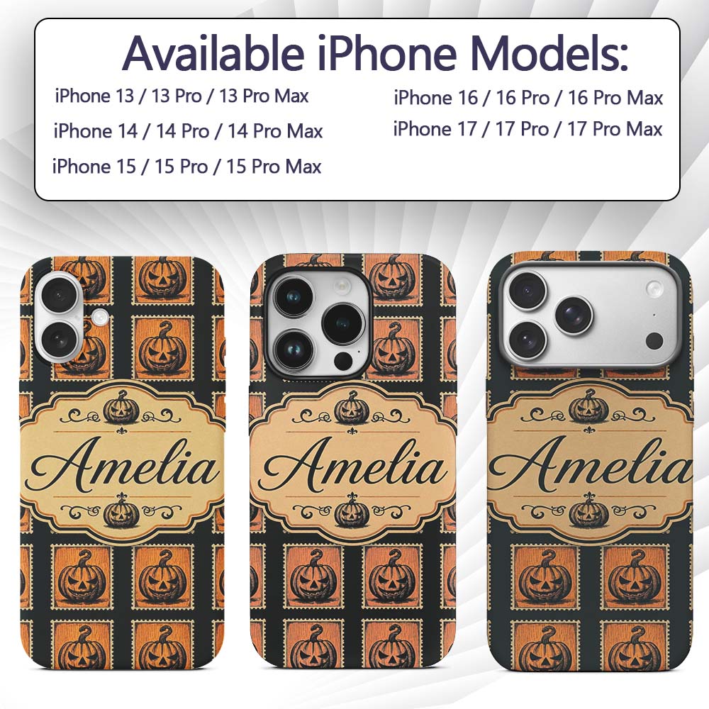 Vintage Pumpkin Stamp Design Seamless Pattern Custom Name Protective Phone Case Mobile Cover Durable Everyday Smartphone Shock Resistant