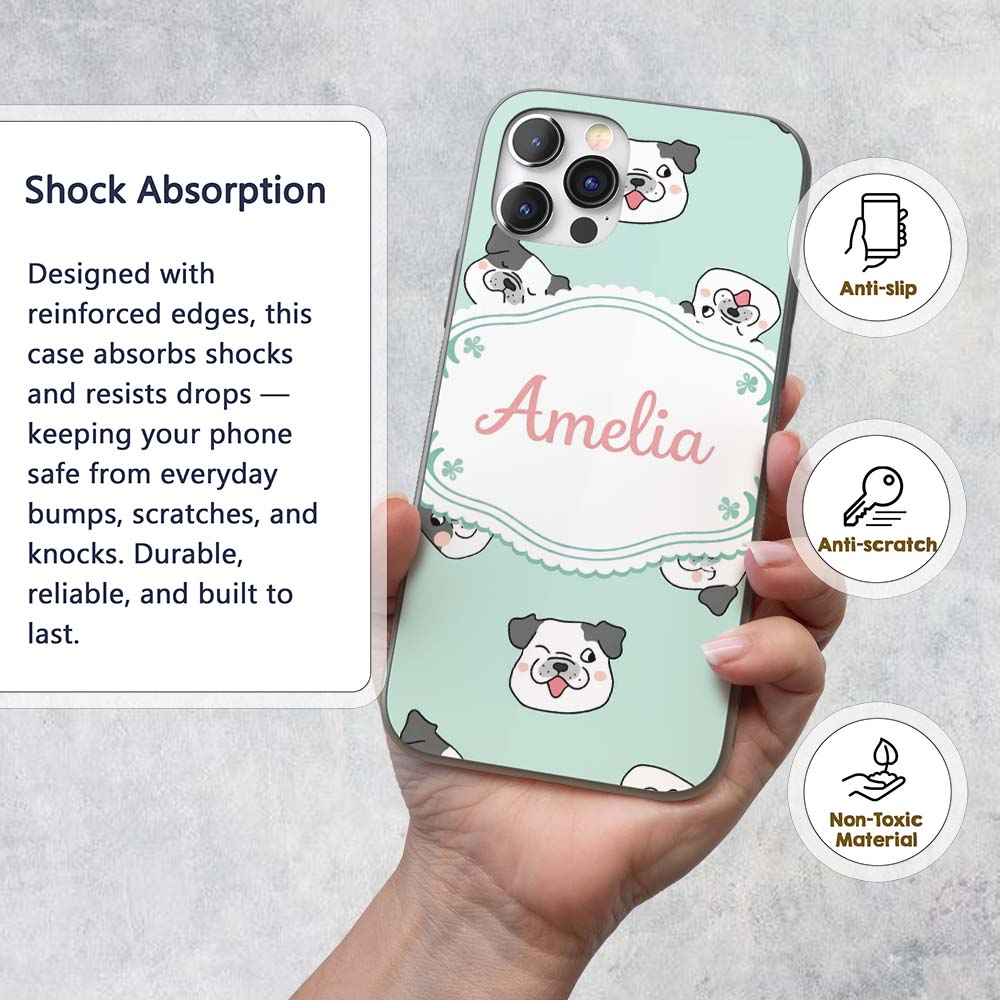 Cute French Bulldog Faces Teal Printed Design Custom Name Protective Phone Case Mobile Cover Durable Everyday Smartphone Shock Resistant