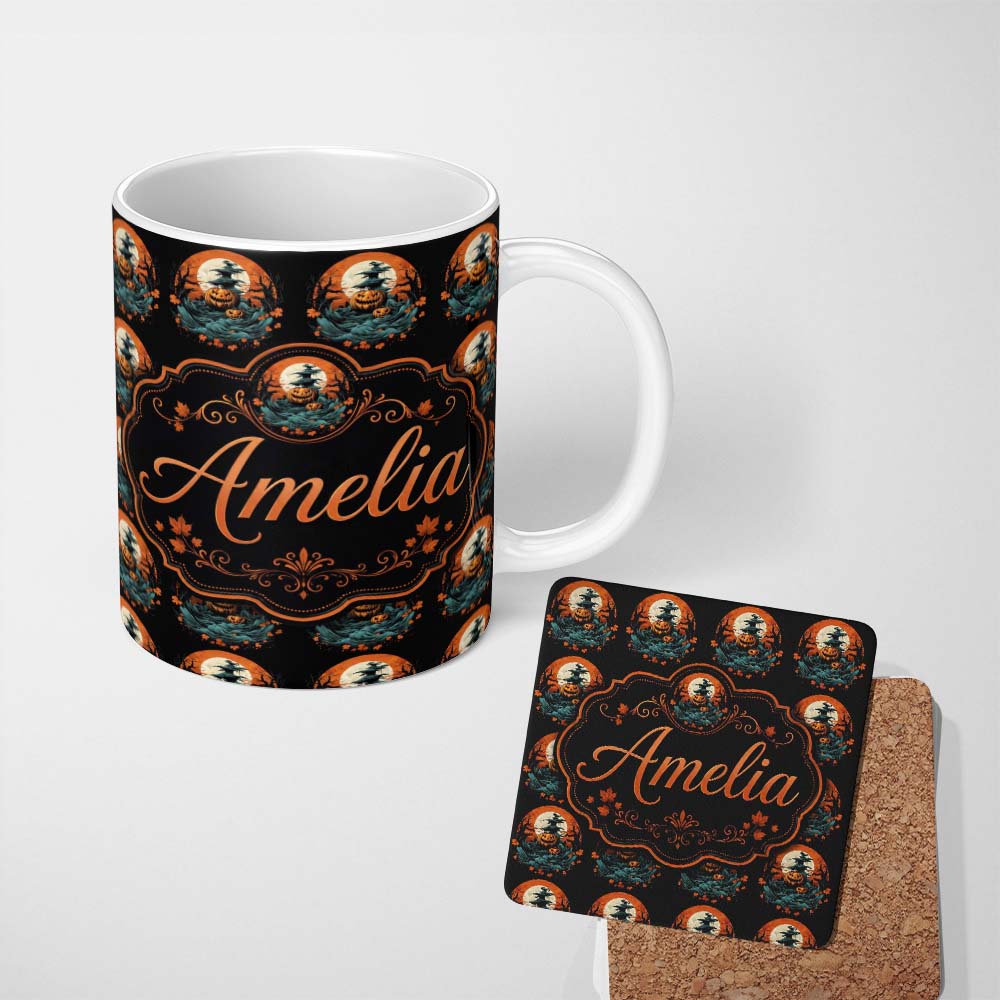 Personalized Custom Name Haunted Pumpkin Landscape with Moon and Trees Seamless Pattern Name 11oz Ceramic Coffee Tea Mug White Large Handle