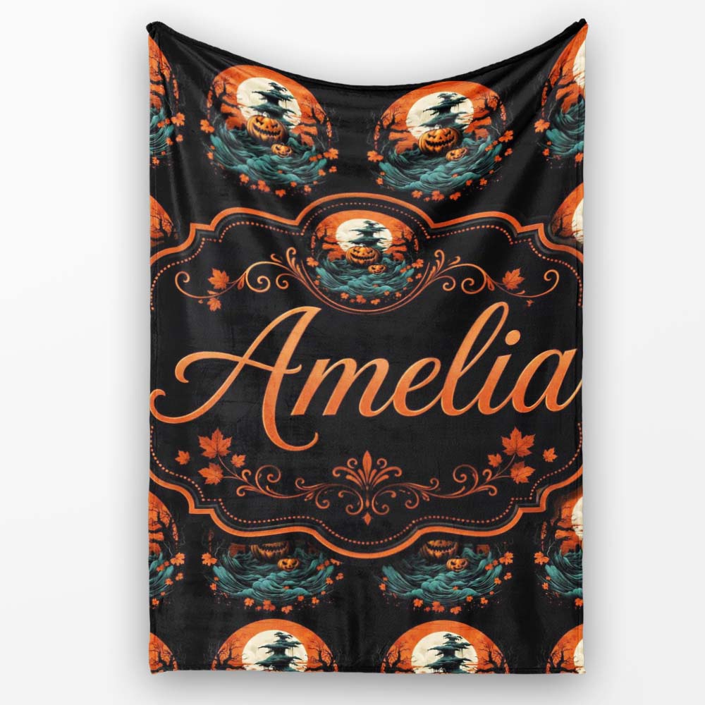 Haunted Pumpkin Landscape with Moon and Trees Seamless Pattern Name Personalised Custom Name Super Soft Fleece Blanket Bed Sofa Throw