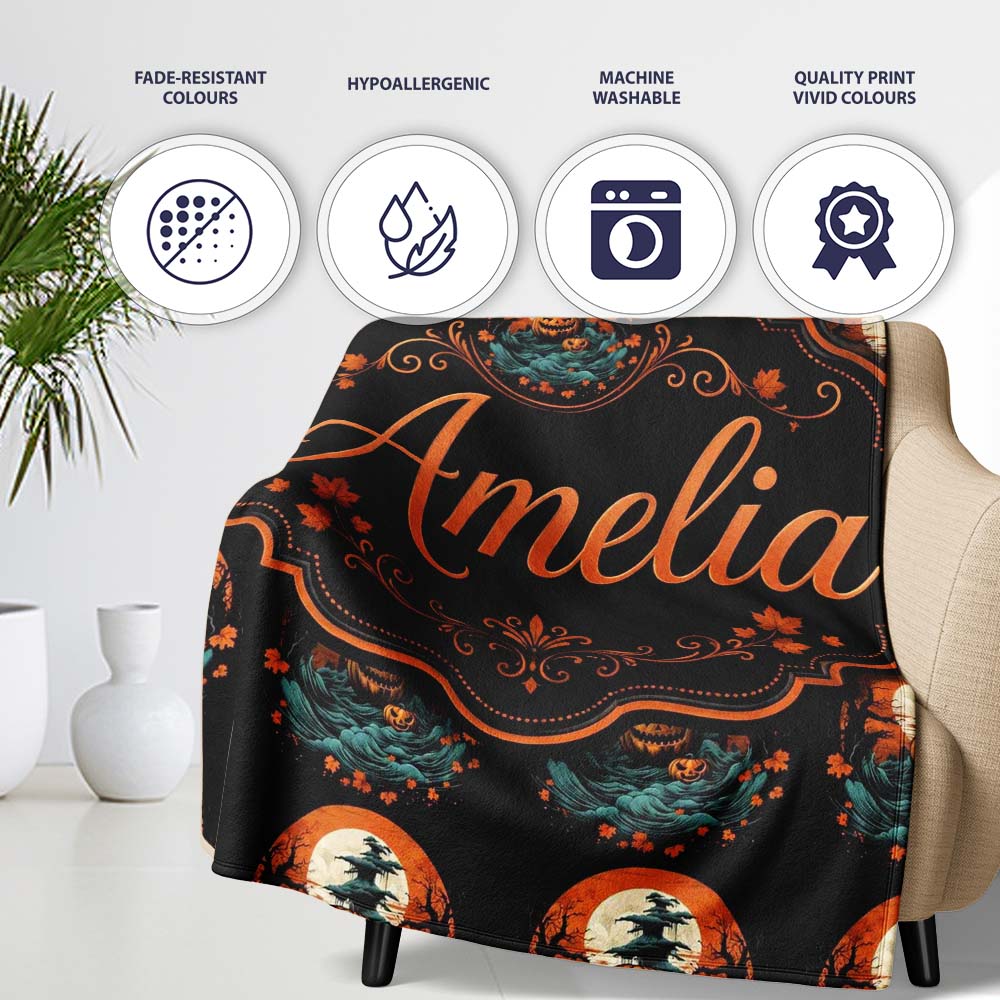 Haunted Pumpkin Landscape with Moon and Trees Seamless Pattern Name Personalised Custom Name Super Soft Fleece Blanket Bed Sofa Throw