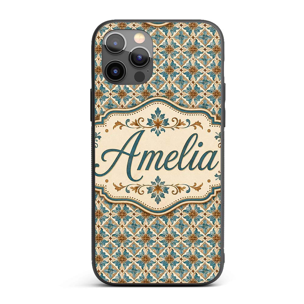 Blue Floral Ceramic Tile Pattern Vintage Style Custom Name Protective Phone Case Mobile Cover Durable Everyday Smartphone Shock Resistant