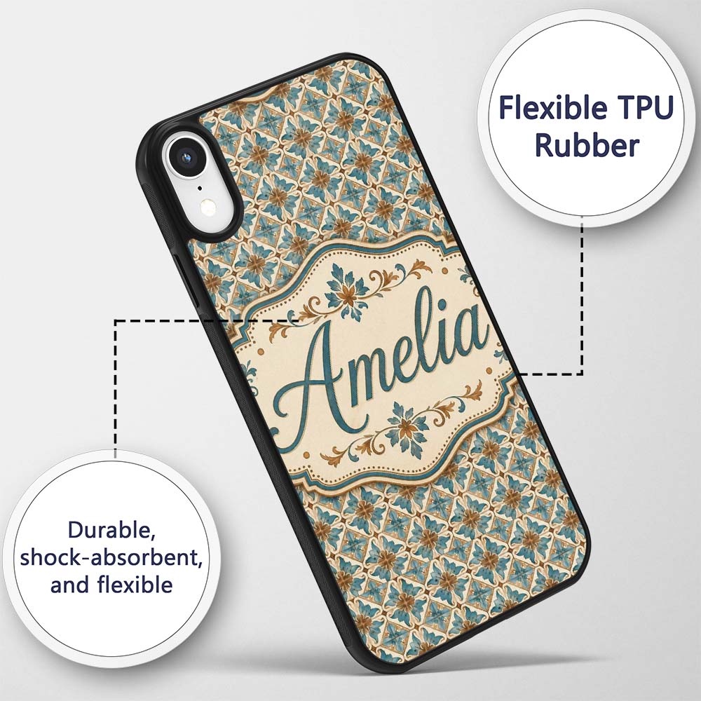 Blue Floral Ceramic Tile Pattern Vintage Style Custom Name Protective Phone Case Mobile Cover Durable Everyday Smartphone Shock Resistant