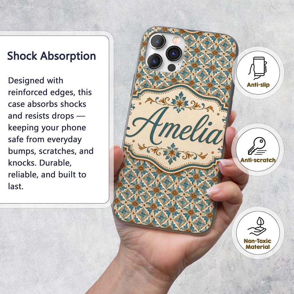 Blue Floral Ceramic Tile Pattern Vintage Style Custom Name Protective Phone Case Mobile Cover Durable Everyday Smartphone Shock Resistant