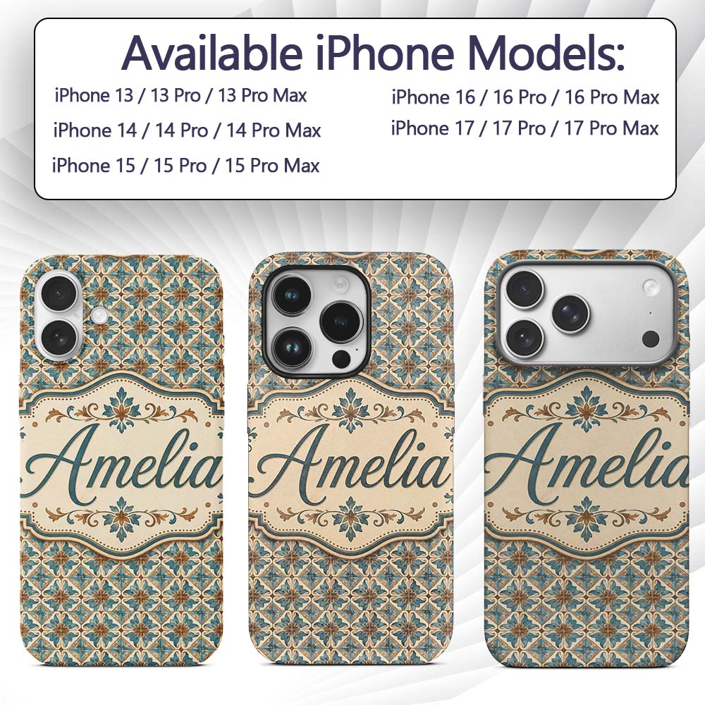 Blue Floral Ceramic Tile Pattern Vintage Style Custom Name Protective Phone Case Mobile Cover Durable Everyday Smartphone Shock Resistant