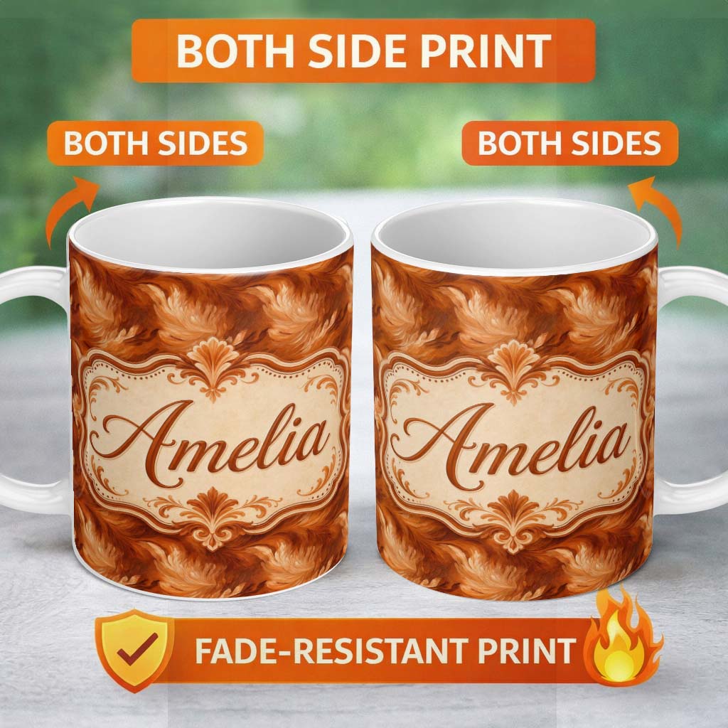 Personalized Custom Name Abstract Orange Brush Stroke Texture Seamless Pattern Artistic 11oz Ceramic Coffee Tea Mug White Large Handle