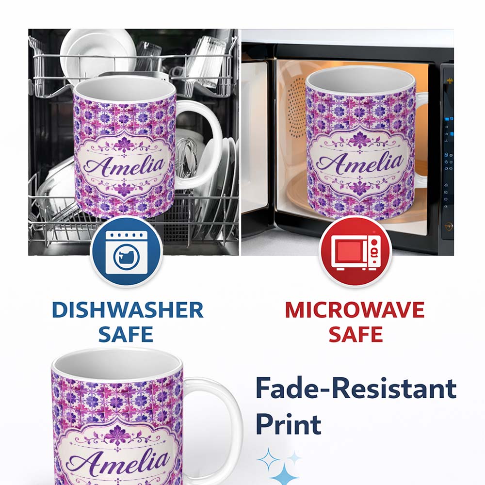 Personalized Custom Name Purple Watercolor Tile Floral Pattern Seamless Artistic Design Name 11oz Ceramic Coffee Tea Mug White Large Handle