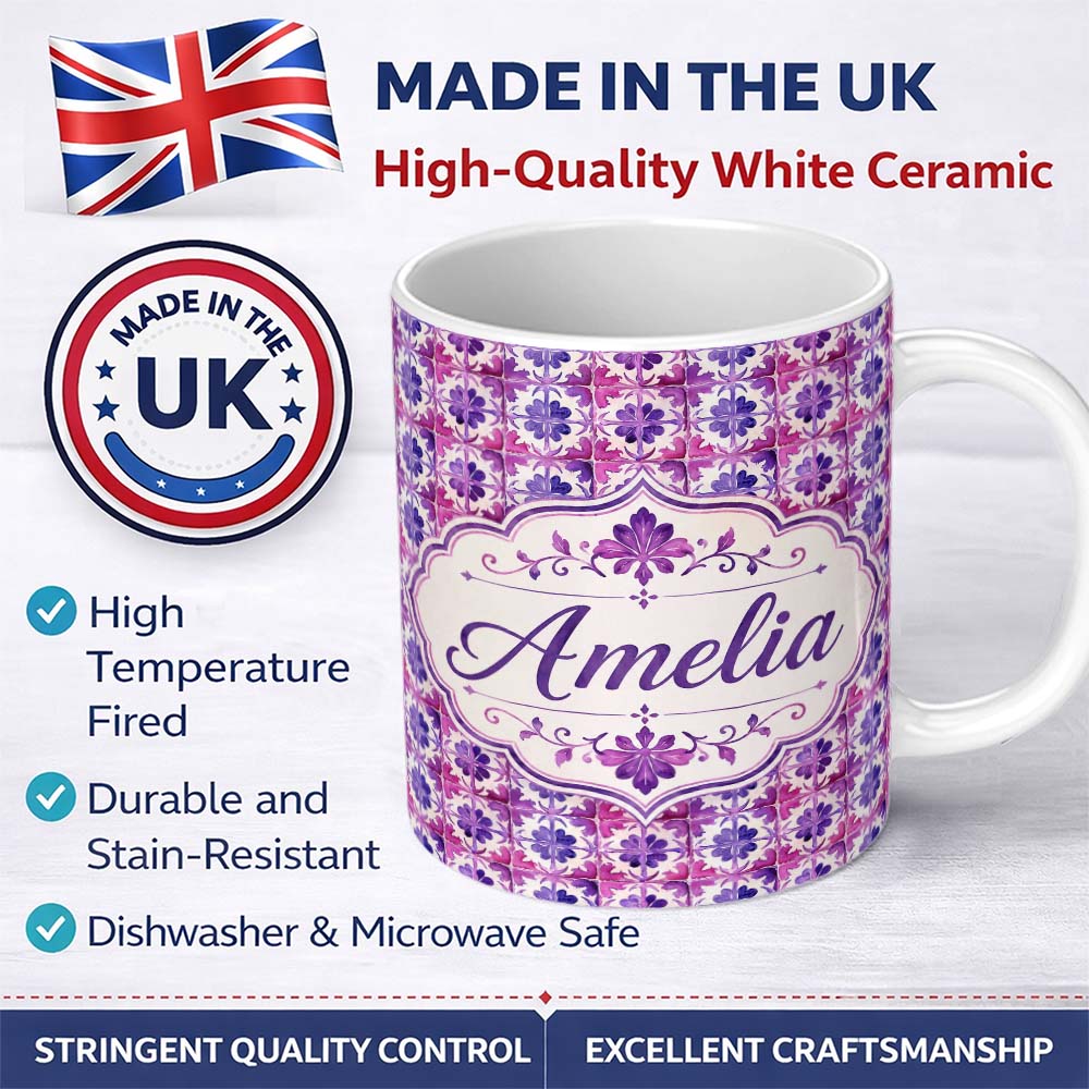 Personalized Custom Name Purple Watercolor Tile Floral Pattern Seamless Artistic Design Name 11oz Ceramic Coffee Tea Mug White Large Handle