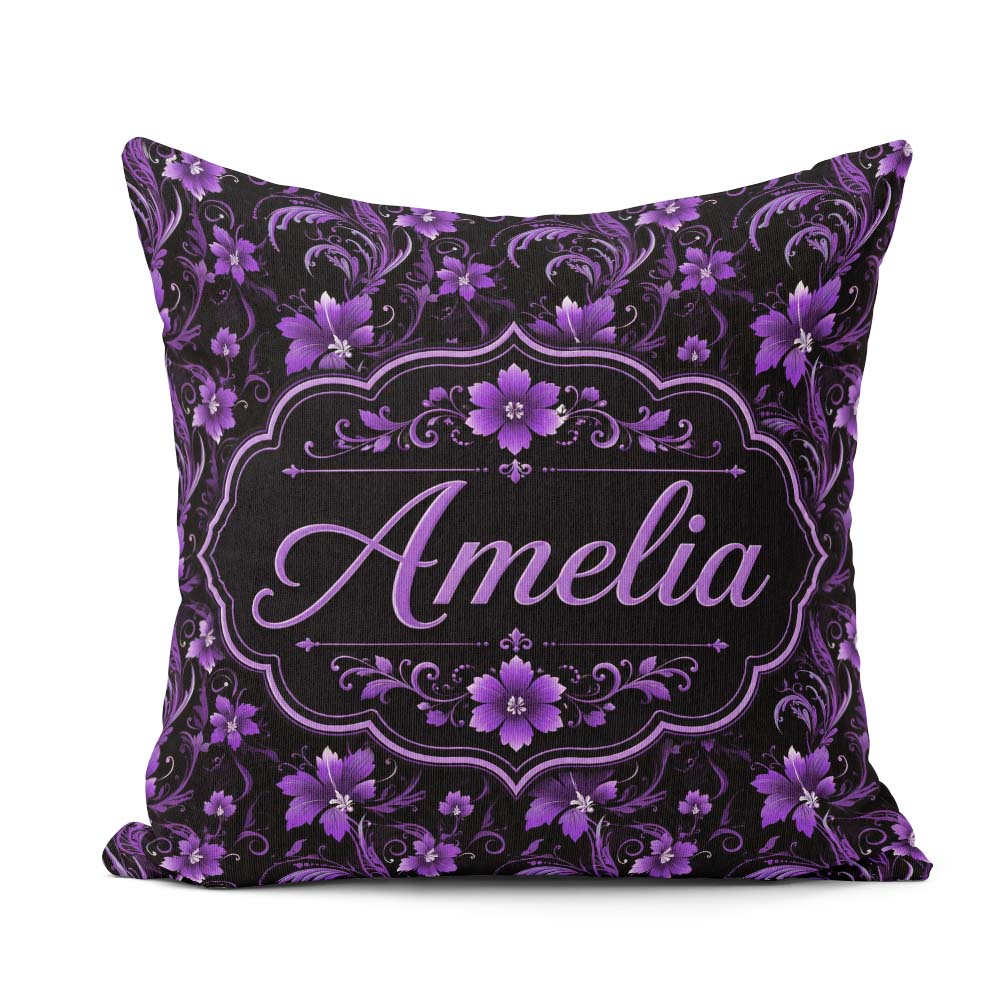 Custom Name Elegant Purple Floral Swirl Pattern Black Background Square Filled Cushion Throw Pillow Sofa Bed Home Decor Zip Washable UK Made