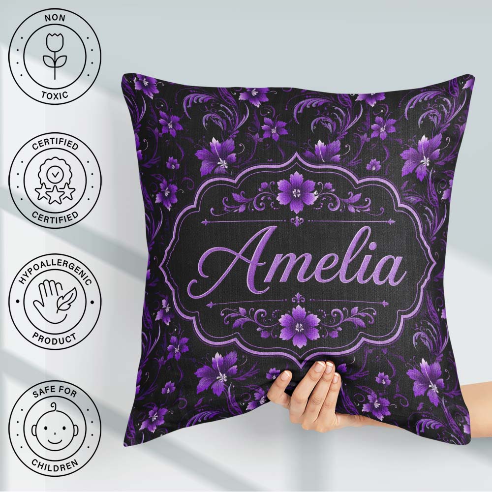Custom Name Elegant Purple Floral Swirl Pattern Black Background Square Filled Cushion Throw Pillow Sofa Bed Home Decor Zip Washable UK Made