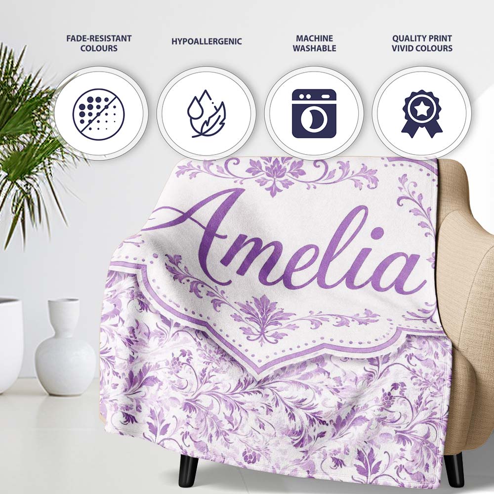 Light Lavender Vintage Floral Vine Pattern Seamless Soft Design Personalised Custom Name Super Soft Fleece Blanket Bed Sofa Throw