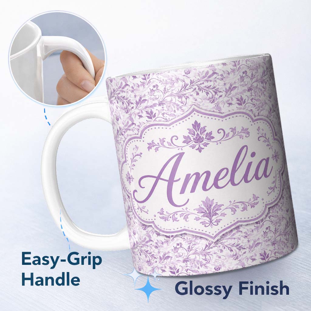 Personalized Custom Name Light Lavender Vintage Floral Vine Pattern Seamless Soft Design 11oz Ceramic Coffee Tea Mug White Large Handle