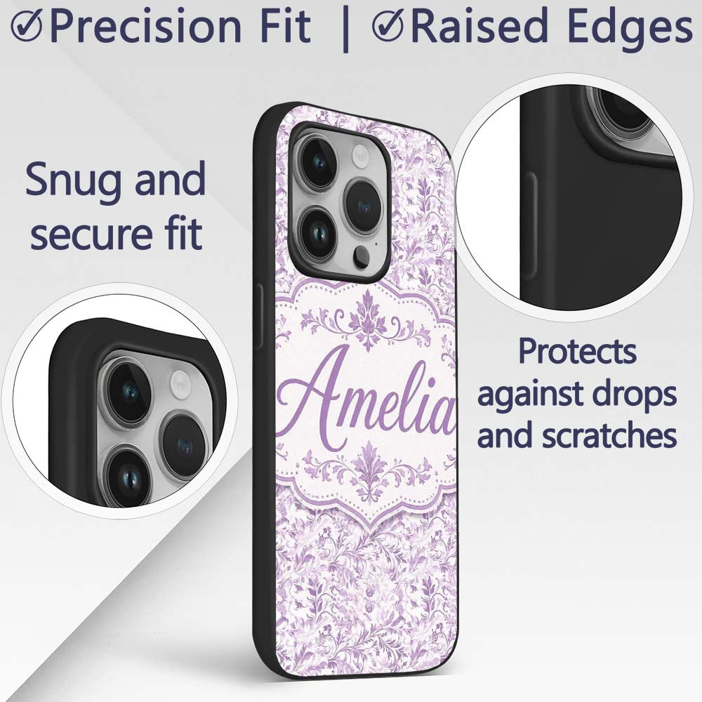 Light Lavender Vintage Floral Vine Printed Design Custom Name Protective Phone Case Mobile Cover Durable Everyday Smartphone Shock Resistant