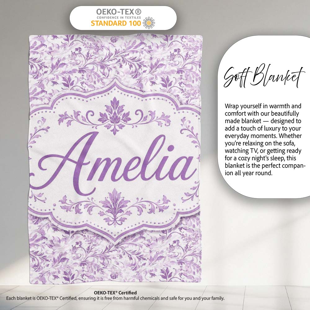 Light Lavender Vintage Floral Vine Pattern Seamless Soft Design Personalised Custom Name Super Soft Fleece Blanket Bed Sofa Throw