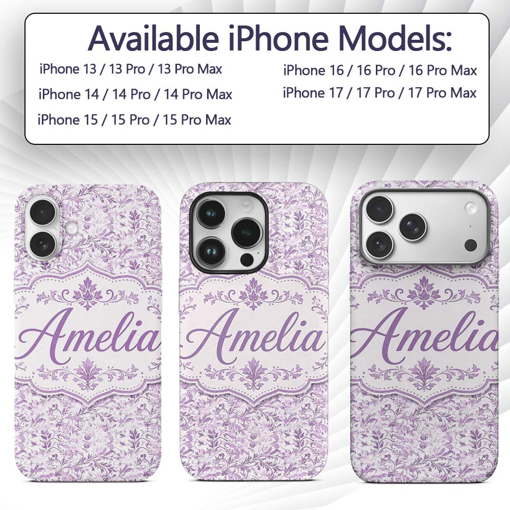 Light Lavender Vintage Floral Vine Printed Design Custom Name Protective Phone Case Mobile Cover Durable Everyday Smartphone Shock Resistant